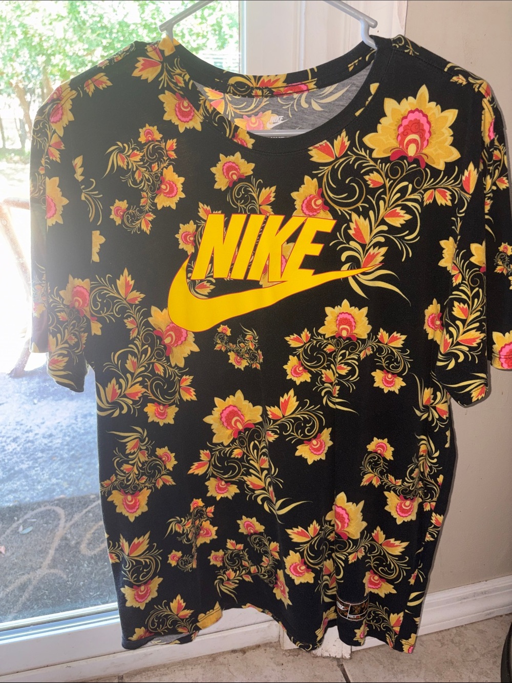 !!RARE!!  Nike Black Tee with Yellow Logo & Pink Floral Accents